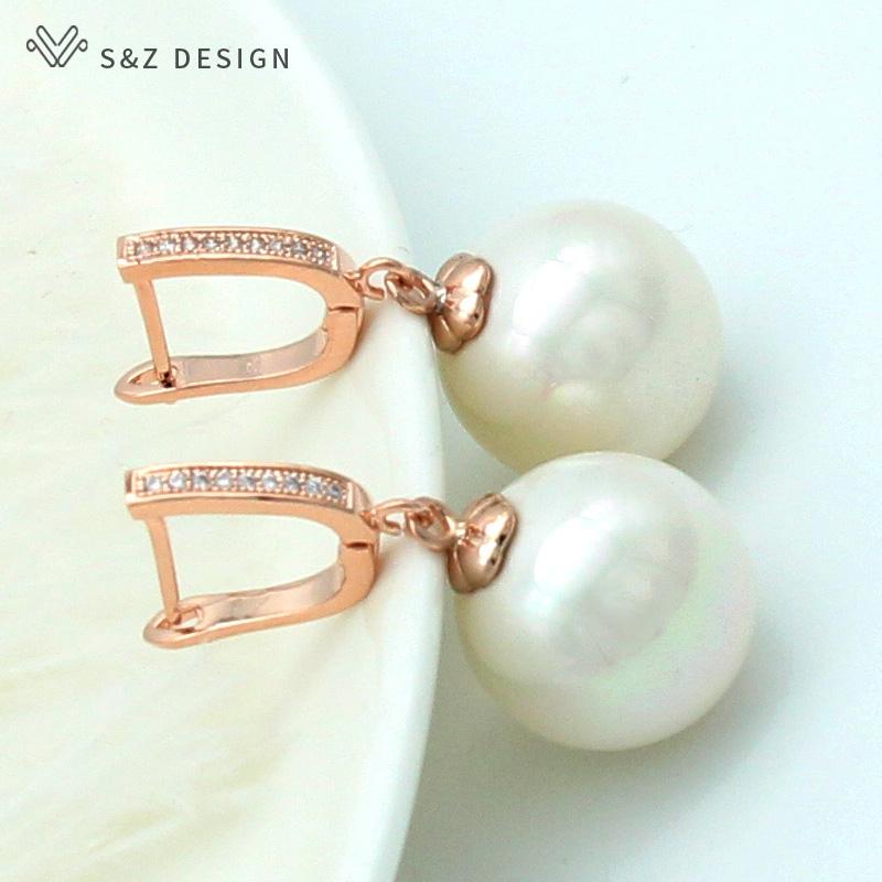Fashion Colorful Round Simulated-pearl Drop Earrings For Women Wedding Party Rose Gold Color Jewelry