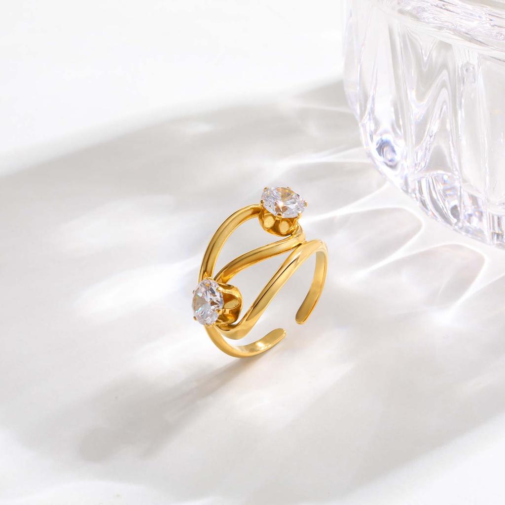 Cubic Zircon Irregular Hollow Opening Ring for Women, Geometric Twist Lines Stainless Steel Ring, Fashion Waterproof Jewelry