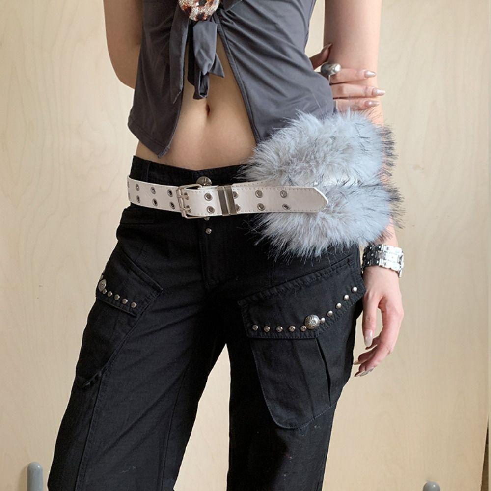 Rivet Leather Fur Belt Faux Fur Y2K Waistband Vintage Furry Waistband  Dress Decoration