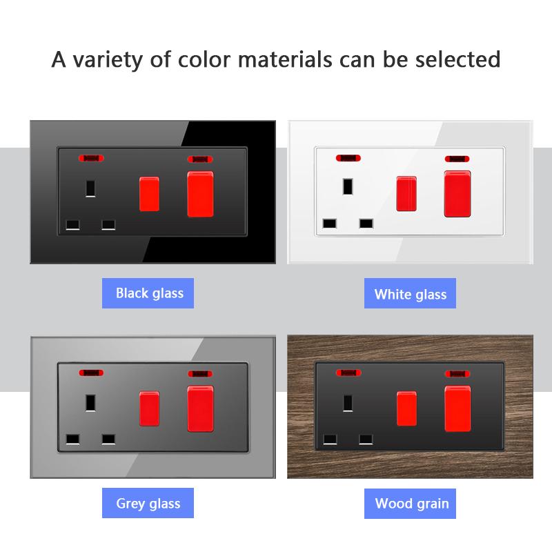 146 UK Standard 45A High Power Kitchen Electric Switch Socket 13A Wall Power Supply Cooker Glass Plastic Aluminum outlet Black
