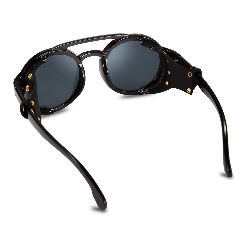 Ретро круглые солнцезащитные очки для мужчин Стимпанк Винтажные очки Легкие женские солнцезащитные очки Пластиковая оправа Кожаная отделка B2532 [FEISEDY]