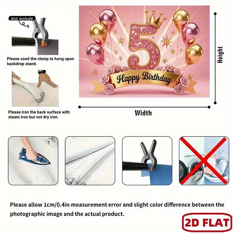 2D Pink & Gold 5th Birthday Backdrop with Crown & Flowers for Toddler Party