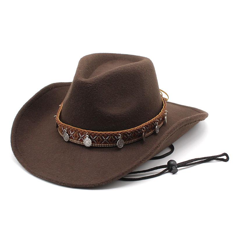 Western Cowboy Hat Retro Jazz Hat Woolen Top Hat Cowboy Felt Hat Ethnic Cowboy Hat With Windbreak Rope