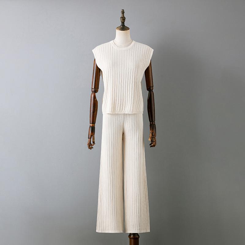 Весенне-летний женский свободный комплект из двух предметов, однотонный вязаный топ без рукавов, костюм