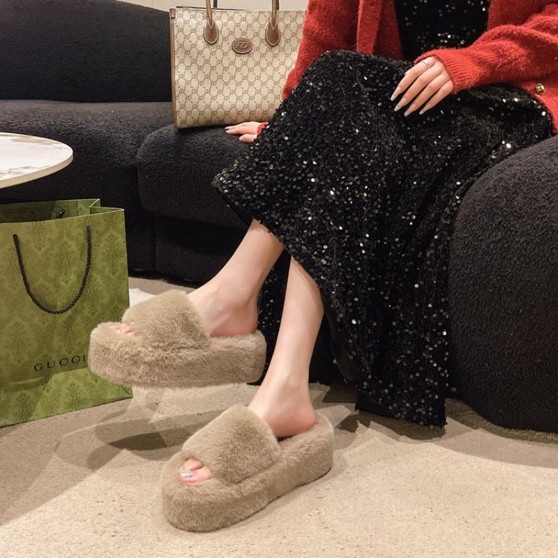 Fashion Sandals Woman Real Rabbit Fur Platform Plush Fluffy Furry Slippers Ladies Winter Warm Cute Soft Home Indoor House Bridal Slipper