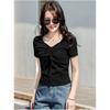 Women's Summer V-neck Drawstring Design Short-sleeved T-shirt Solid Color High Waist Small Shirt