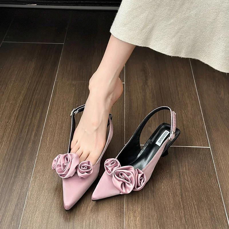 Летние новые босоножки на высоком каблуке с острым носком для женщин 2024 года, элегантные элегантные туфли с цветочным принтом на высоком каблуке, женские туфли-лодочки с ремешком для вечеринок