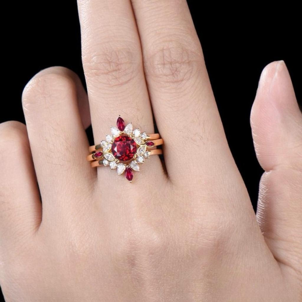 Роскошное кольцо цвета «голубиная кровь» в Европе и Америке, женское, кольцо с красным моцарелла 2 карата в форме подсолнуха