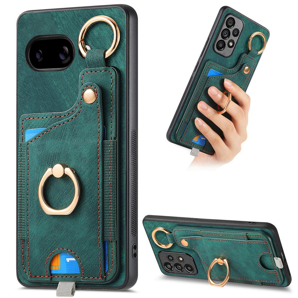 For Google Pixel 9a Retro Leather Phone Back Cover with Card Slots and Ring Holder