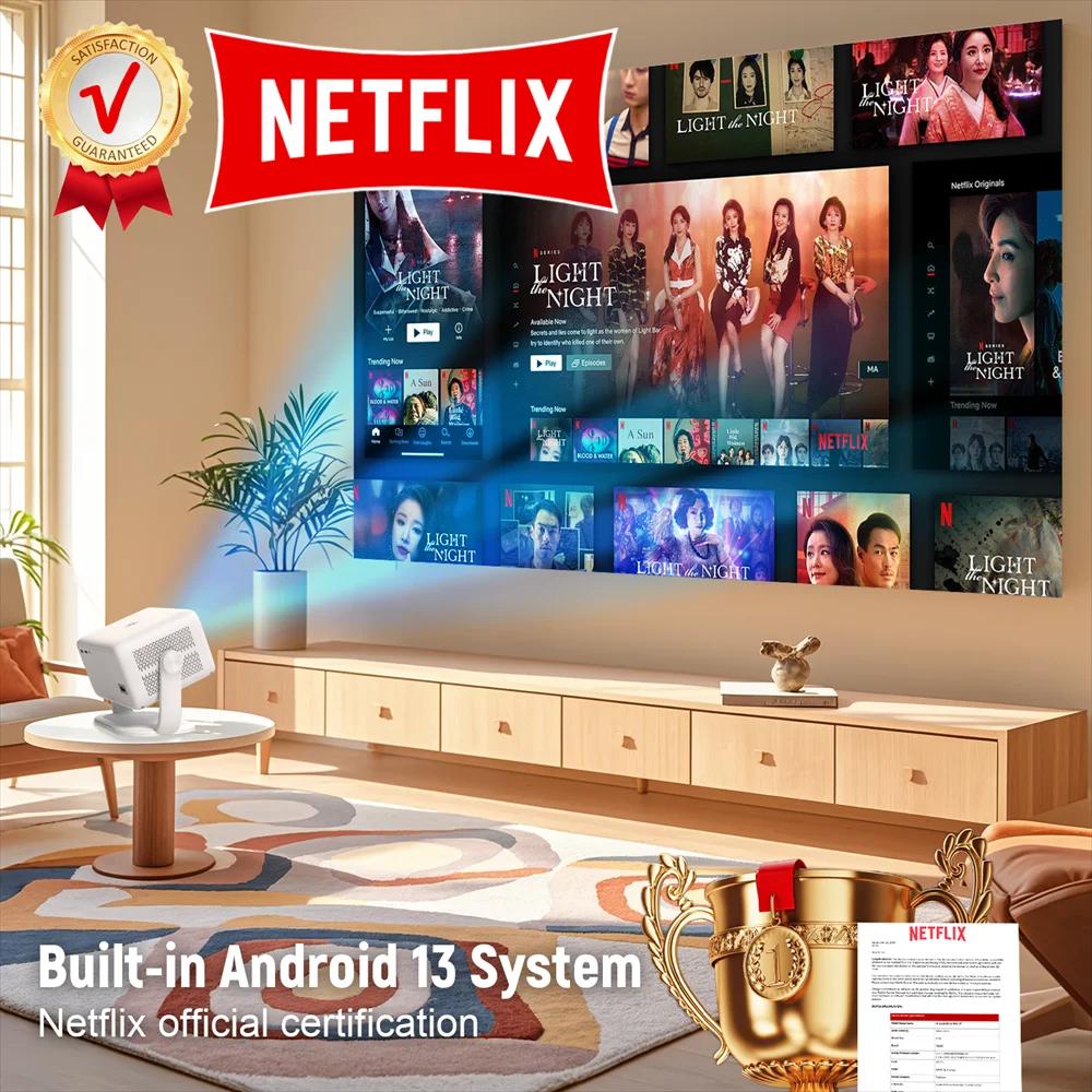 Сертификация Velec Netflix Проектор Android 13 4K Native 1080P 650ANSI с автофокусом Wifi6 BT5.2 360° Домашний уличный проектор
