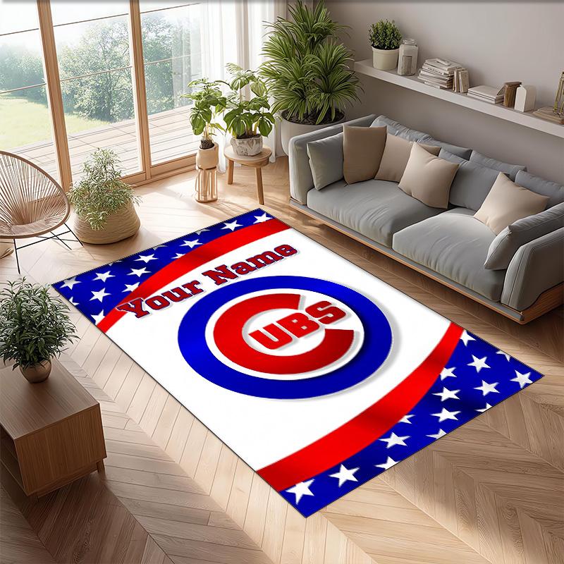 Chicago Cubs Crystal Velvet Rug, Custom Name Text Personalized Non‑Slip Floor Mat for Home Decor Gift