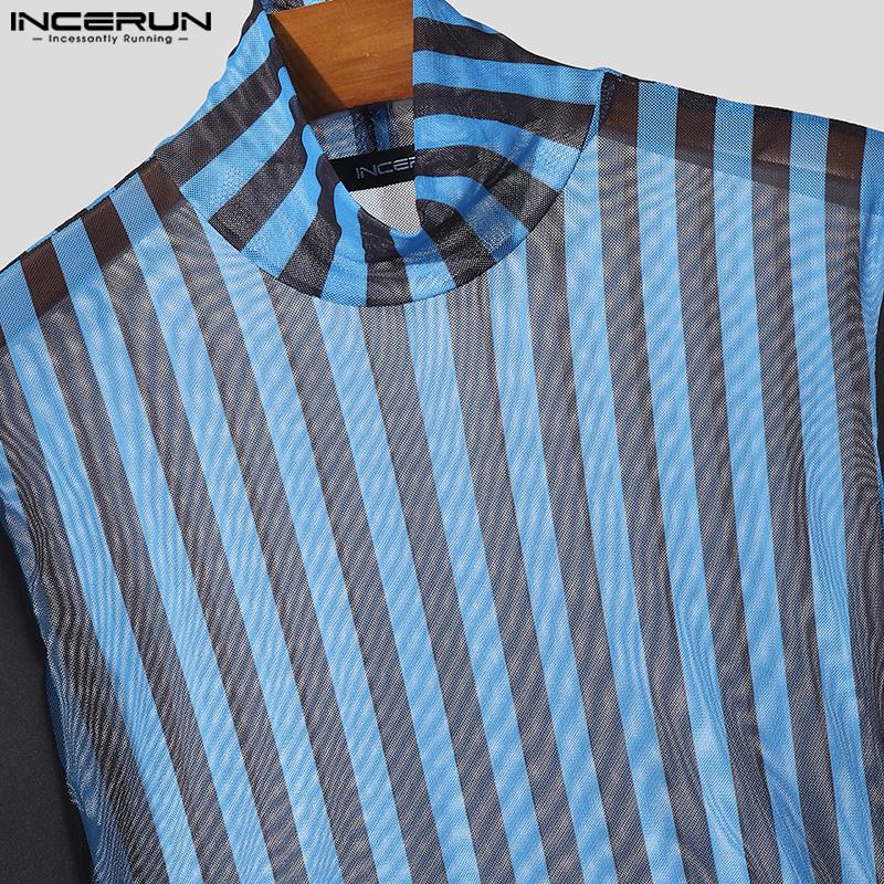 INCERUN Two-piece Men Long Sleeve Striped Mesh Sheer Bow Tops and Pants Sets