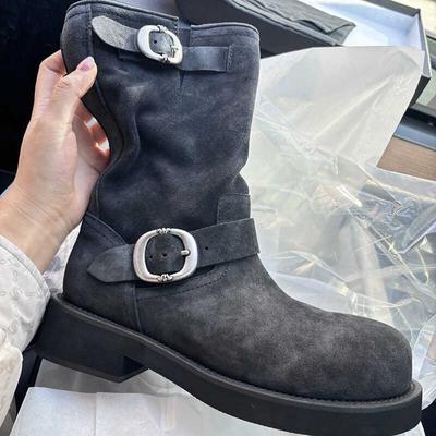 Замшевые ботинки Мартин в британском стиле на платформе с круглым носком, ковбойские ботинки в западном стиле, женские, новинка 2025 года, ботильоны до середины голени с пряжкой на ремне