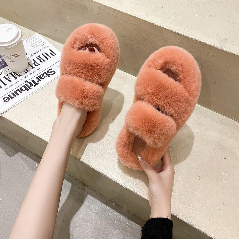 Thick Bottom Fluffy Women's Slippers Spring Autumn and Winter Large Size One Word Warm Indoor Fashion Versatile Flat Bottom Thickened Foreign Trade