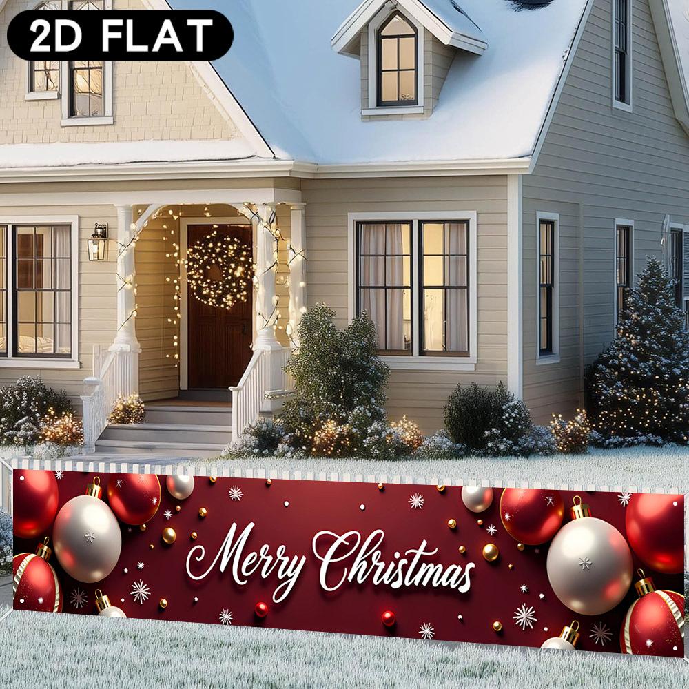 Merry Christmas Long Strip Fence Banner, Santa Snowman Reindeer Gingerbread Tree Red Background Golden Ornaments Design, Polyester Outdoor Decoration