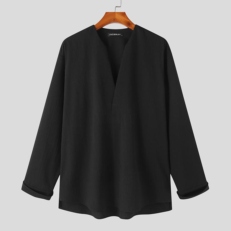 INCERUN Весенние мужские однотонные рубашки с длинными рукавами, топы