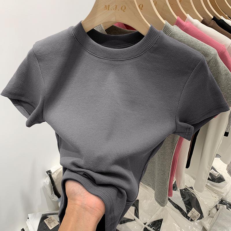 Ice Silk Mask T-shirt Women's Summer Short Sleeve New Slim Fit Round Neck Stacked Short Bottoming Knitted Top