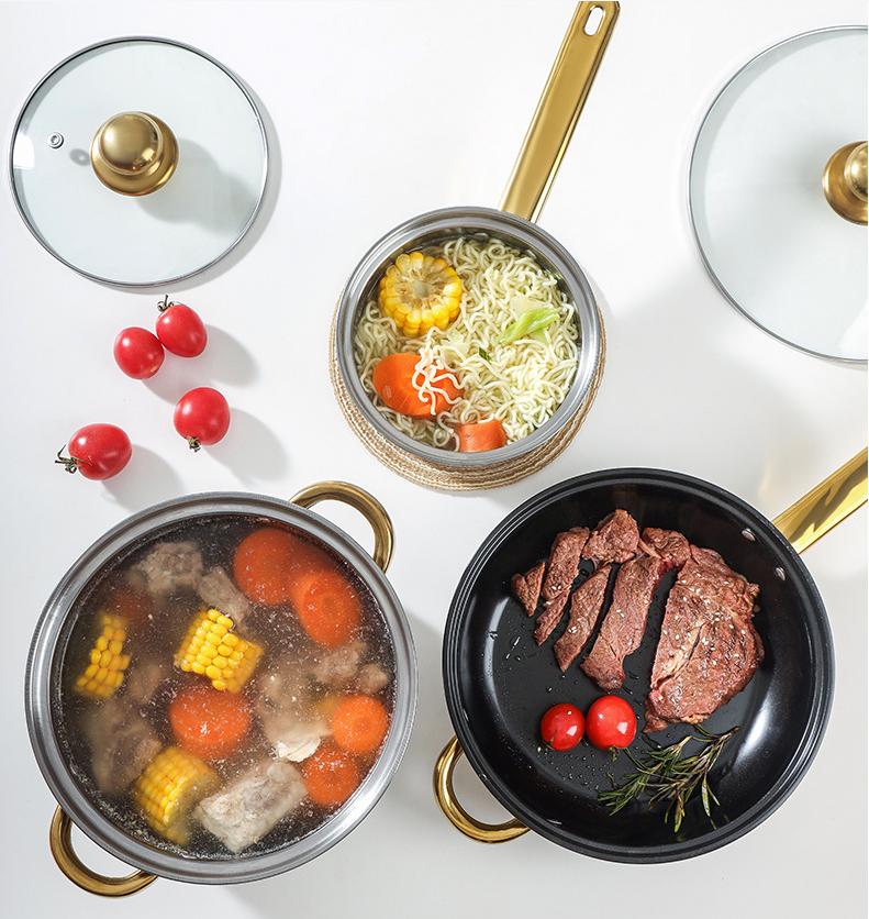 Кастрюля из нержавеющей стали с антипригарным покрытием, позолоченная ручка, двойное дно, кастрюля для супа, молочник, набор сковородок, 12 предметов