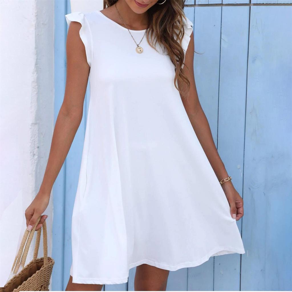 Fashion Women's Short Sleeve O Neck Solid Color Loose Casual Dress