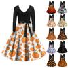 Women's Vintage Classic Dress Long Sleeve Halloween Print V-neck Swing Dress