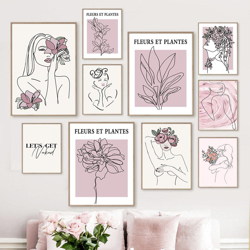 Абстрактные линии, сексуальная женщина, настенное искусство, цветы, плакаты с цитатами и принты, холст, картина для гостиной, украшение, домашний декор, изображение