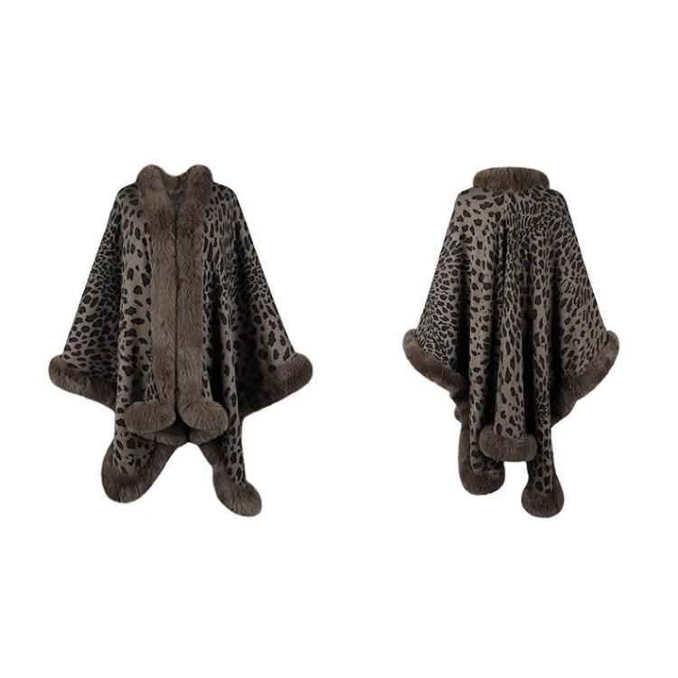 Women Autumn Winter Loose V-Neck Bat Sleeve Cardigan Leopard Knitwear Sweater Cross Border Cloak