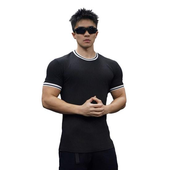Men's Elastic Muscle T-Shirt Round Neck Short Sleeve Fitness Top Slim Fit Casual Running Tee for Sports Gym Outdoors