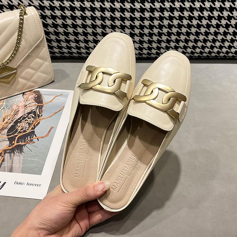 Fashion Mules Shoes Square Toe Metal Chains Slippers Women Flat Heel Outdoor Footwear 41 42 Big Size Semi-trailing Sandals for Women