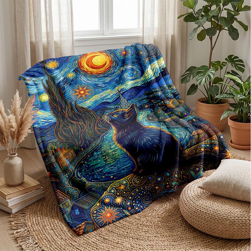 Starry Night Cat Theme blanket Lightweight Warm Flannel Blanket Decorative Throw Blanket for Home Decoration