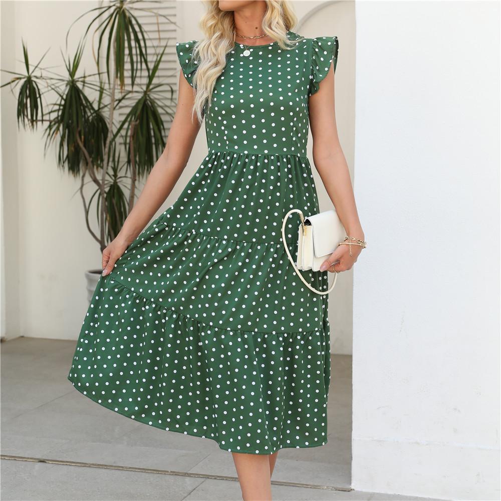 Polka Dot Print Summer Women Long Dress Round Neck Ruffled Sleeveless