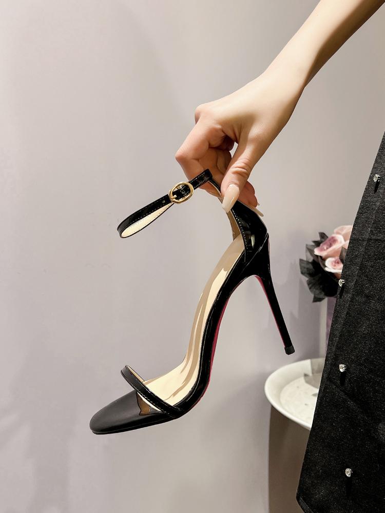 Black SW Flat High-heeled Sandals for Women, New Summer Popular, Same Style Ultra-fine Heel Red Sole High-heeled Shoes
