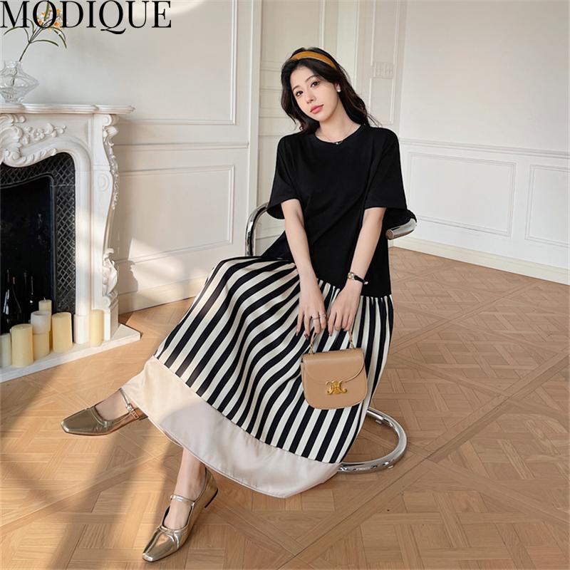 MODIQUE Летние женские свободные универсальные трапециевидной формы в полоску в стиле пэчворк, плиссированные хлопковые футболки больших размеров, длинные платья, женские повседневные платья с короткими рукавами и круглым вырезом