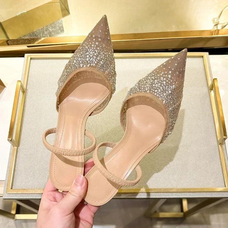 Fashion Luxury Designer Shiny Rhinestone Mesh Heeled Sandals Women Summer Sexy Pointed Toe Slingbacks Thin High Heels Elegant Dress Shoe