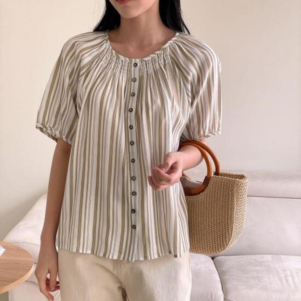 New Arrivals Open Run Women Vertical Stripe Round Neck Short Sleeve Smock Blouse