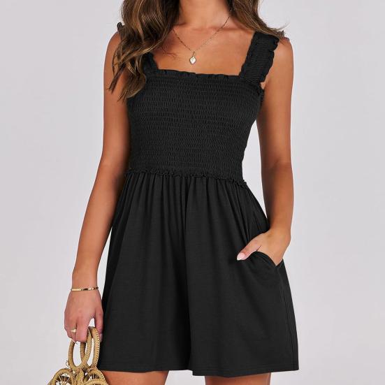Женский комбинезон без рукавов с присборенной юбкой, повседневный, с квадратным вырезом, оборками на бретелях, струящийся короткий комбинезон с карманами, летний пляжный наряд