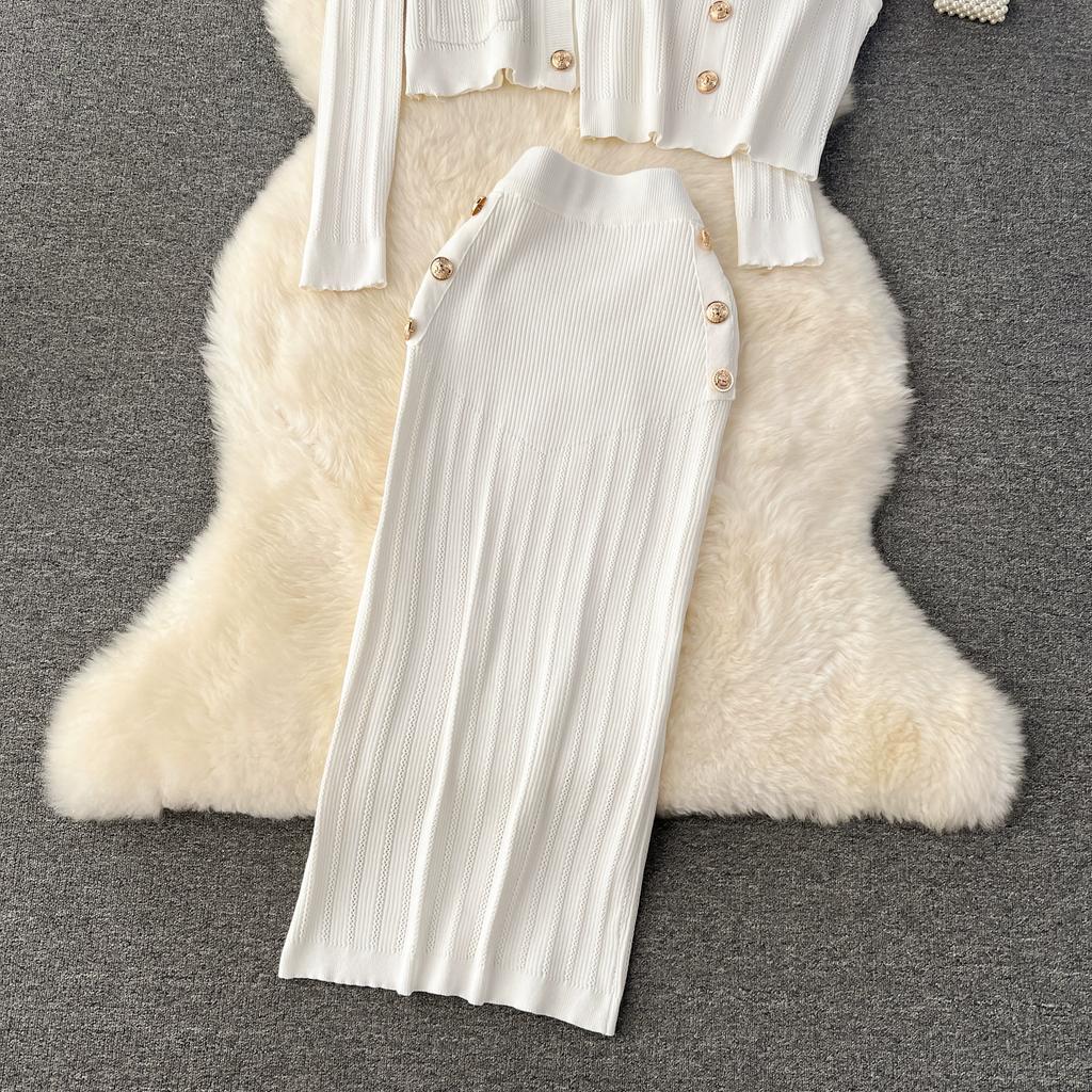 Autumn Winter Women Elegant Gold Button Knitted Sweater 3 Piece Set Single Breasted Jacket Coat Vest Long Midi Sheath Skirt Outfits