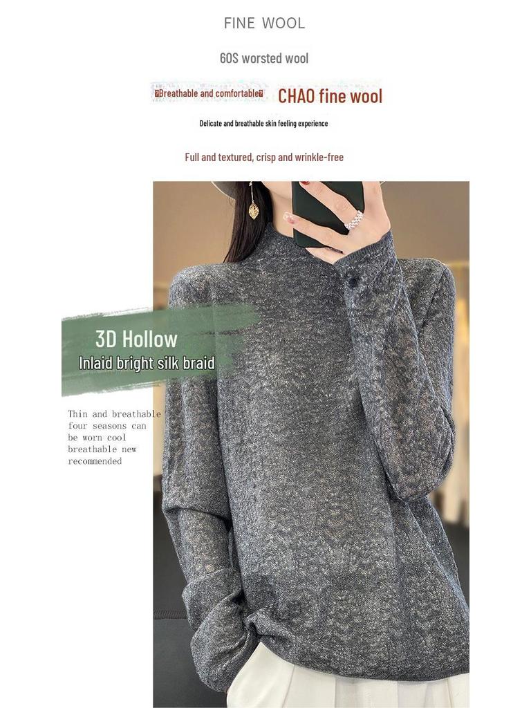 Весенний шерстяной свитер 2025 года: Пуловер с полувысоким воротом, длинными рукавами и цветочным узором