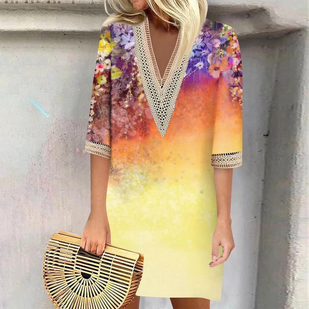 Летние платья для женщин, модное повседневное свободное кружевное платье с V-образным вырезом и рукавами 3/4 с принтом
