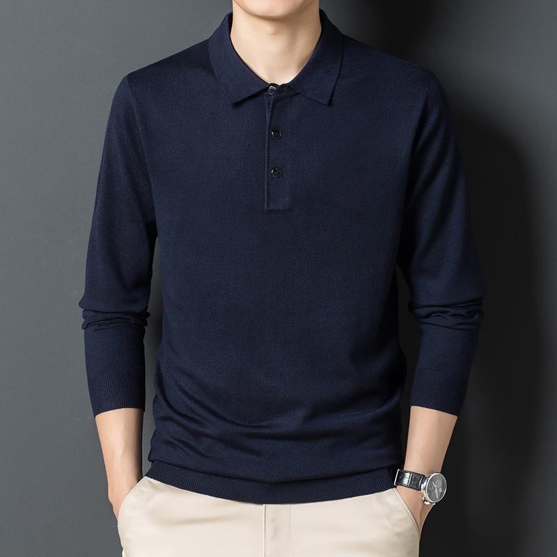Осенне-зимний мужской свитер среднего возраста в деловом стиле с лацканами, длинный рукав, тонкая трикотажная основа, шерстяная рубашка-боди