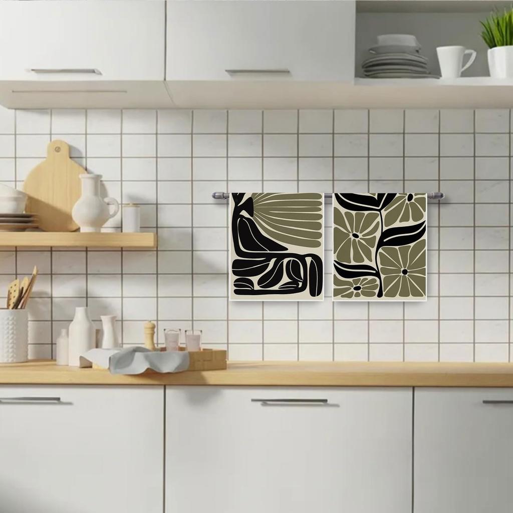 Boho Abstract Floral Kitchen Towels Set - Retro Green Black Flower Decorative Waffle Dish Towels, Mid Century Modern Decorative Hand Tea Towel, 16x24