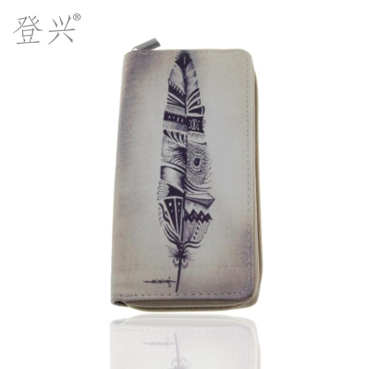 Новый этнический стиль перо длинный ПУ кошелек, кошелек-клатч с подвеской-колокольчиком