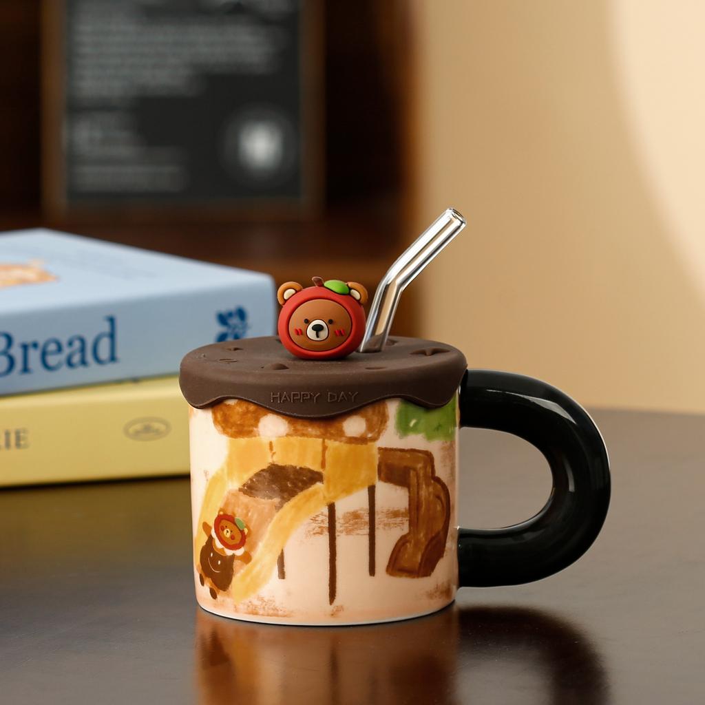 Cute Apple Bear Ceramic Cup with Silicone Lid Straw Water Cup High Precision Cute Mug Household Cup Gift