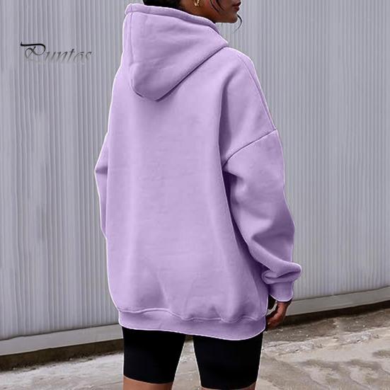 Women Fall Winter Hoodie Thick Hooded Long Sleeves with Big Pocket Plus Size Mid Length Solid Color Loose Elastic Cuffs Drawstring Sport Top