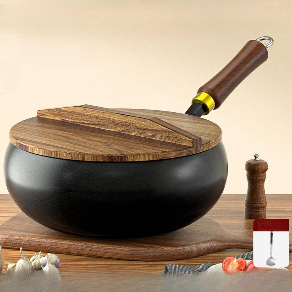 Чугунная сковорода с деревянной крышкой, сковорода для кипячения, индукционная плита, сковорода для жарки, китайский вок для кухни, отеля, дома, кемпинга