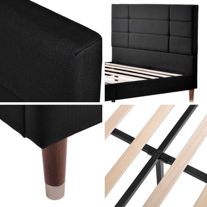 Lit double - MUVOE - 140x200cm - Rembourré en lin noir - Sommier à lattes - 2 places