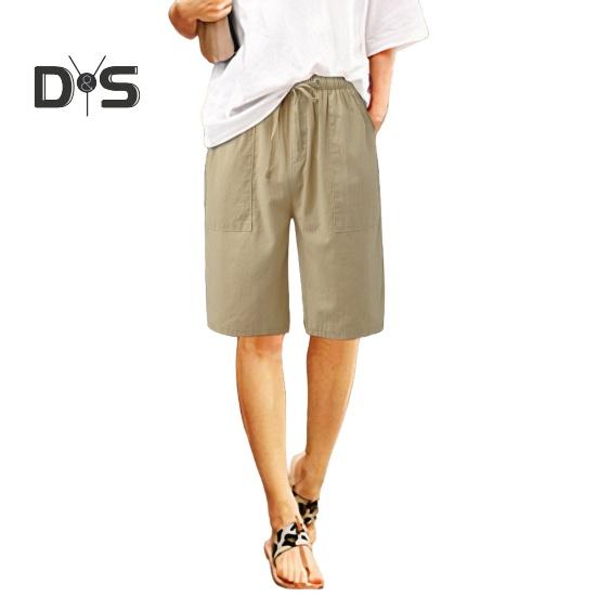 Женские летние шорты из хлопка и льна, повседневные шорты с широкими штанинами, завязывающиеся на шнурок, с карманами, длиной до колена для отдыха на пляже