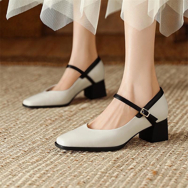 Модные Новые Туфли из Натуральной Кожи Винтажные Женские Туфли Модные Туфли-Лодочки с Квадратным Носком на Массивном Каблуке Весенние Женские Туфли Zapatos De Mujer Туфли Мэри Джейн