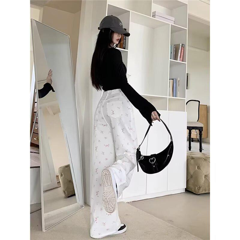 2024 Women's White Slim Straight-Leg Floral Jeans - Versatile, Loose, Drapey Fit for Summer