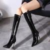 Женские сапоги до колена, сексуальные, с острым носком, на тонком каблуке, женские сапоги из искусственной кожи, на молнии, для вечеринок и клуба, женские сапоги 2024 года, Botas Mujer