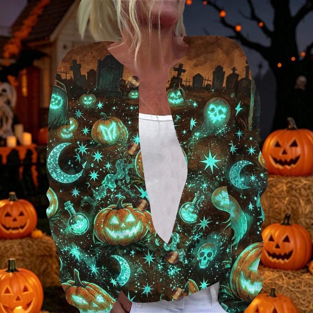Women's Halloween Long Sleeve Knit Cardigan Button Up Sweater Skeleton and Pumpkin Musical Print Lightweight Outerwear for Fall and Winter